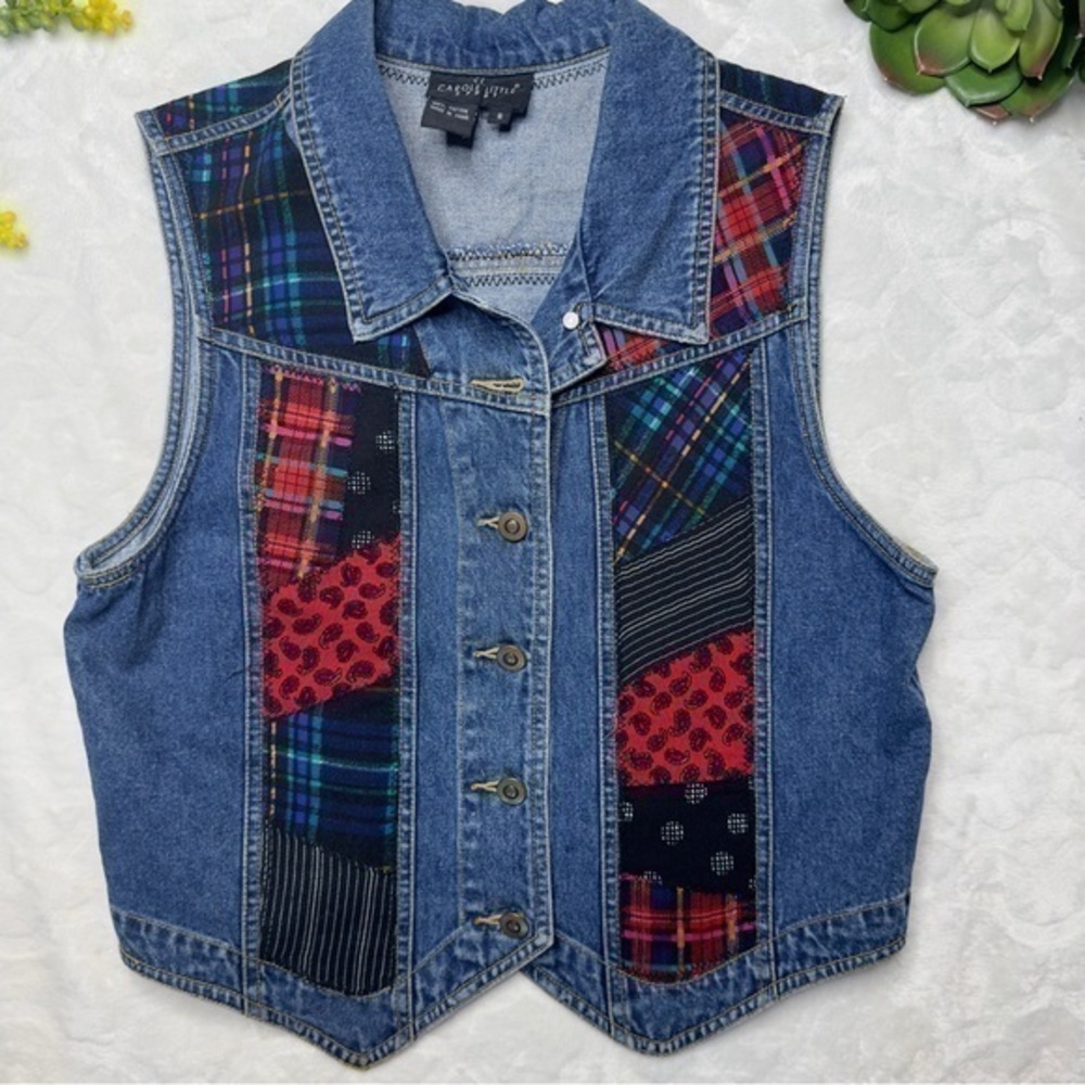 Vintage 90s Carol Little Sport Denim Tartan Plaid Vest 100% Cotton Red Blue Sml